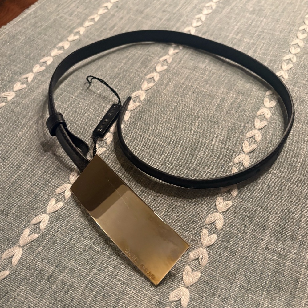 NWT Elie Saab Thin Black Leather Belt With Gold Buckle. 30 Inches.